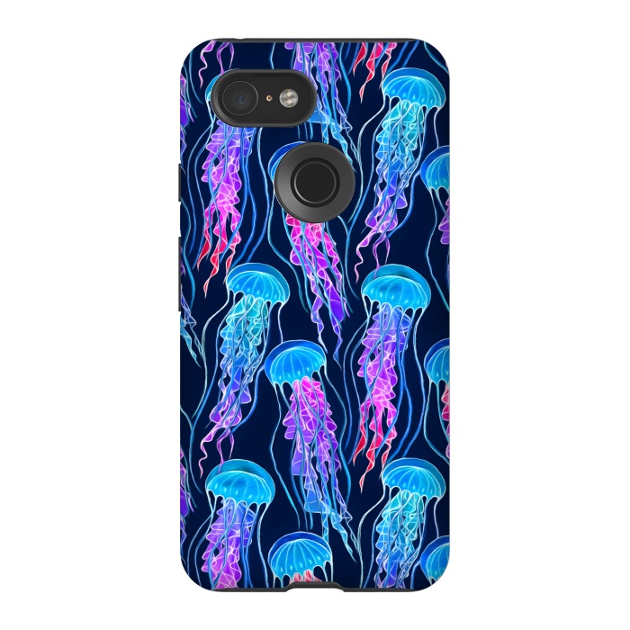 Pixel 3 StrongFit Luminescent Rainbow Jellyfish on Navy Blue by Micklyn Le Feuvre