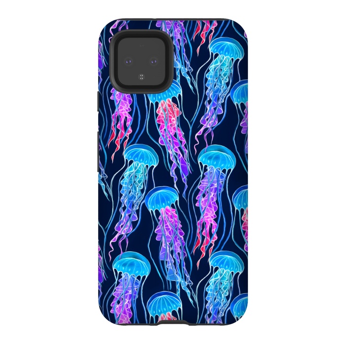 Pixel 4 StrongFit Luminescent Rainbow Jellyfish on Navy Blue by Micklyn Le Feuvre