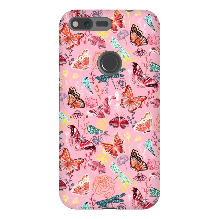 Pixel XL StrongFit Butterflies, Dragonflies and Moths on Pink  by Tigatiga