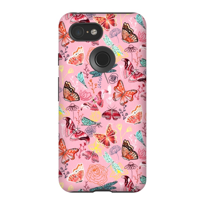 Pixel 3 StrongFit Butterflies, Dragonflies and Moths on Pink  by Tigatiga