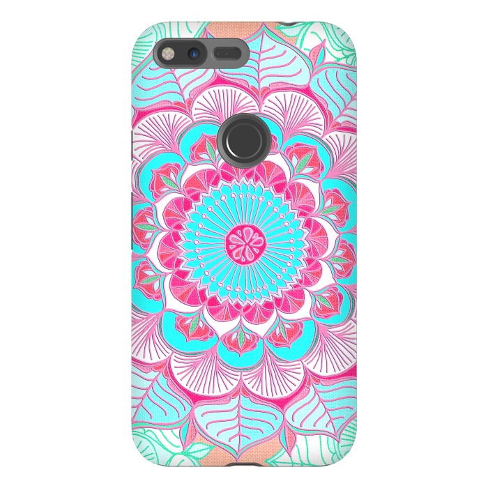 Pixel XL StrongFit Tropical Doodle Flower in Pink & Aqua by Micklyn Le Feuvre
