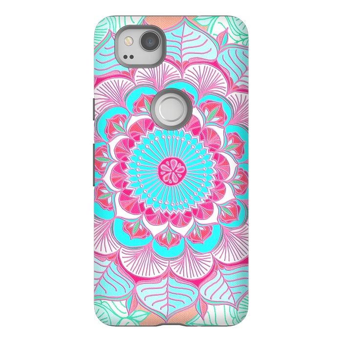 Pixel 2 StrongFit Tropical Doodle Flower in Pink & Aqua by Micklyn Le Feuvre