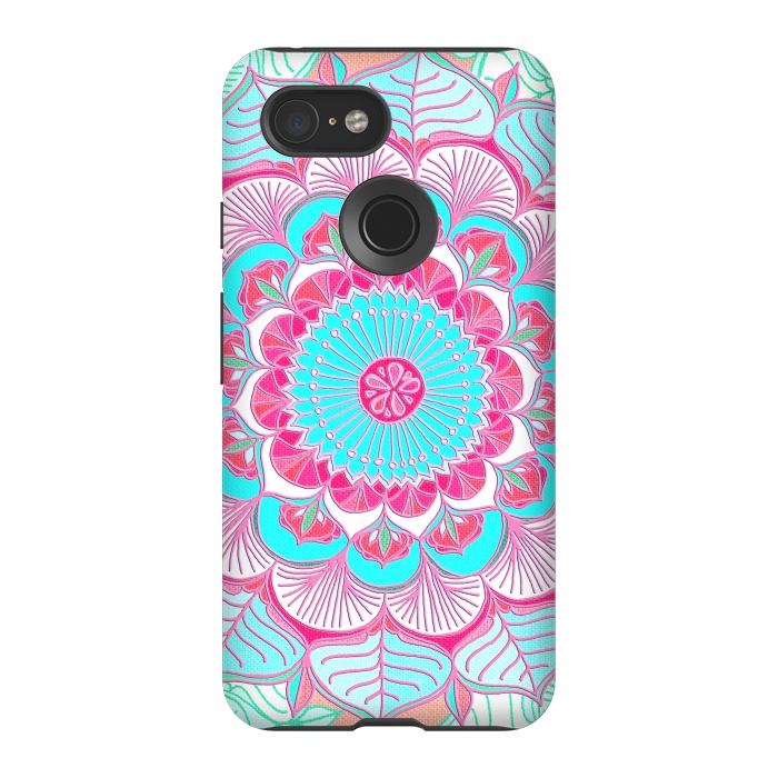 Pixel 3 StrongFit Tropical Doodle Flower in Pink & Aqua by Micklyn Le Feuvre