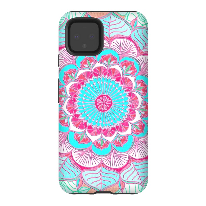 Pixel 4 StrongFit Tropical Doodle Flower in Pink & Aqua by Micklyn Le Feuvre