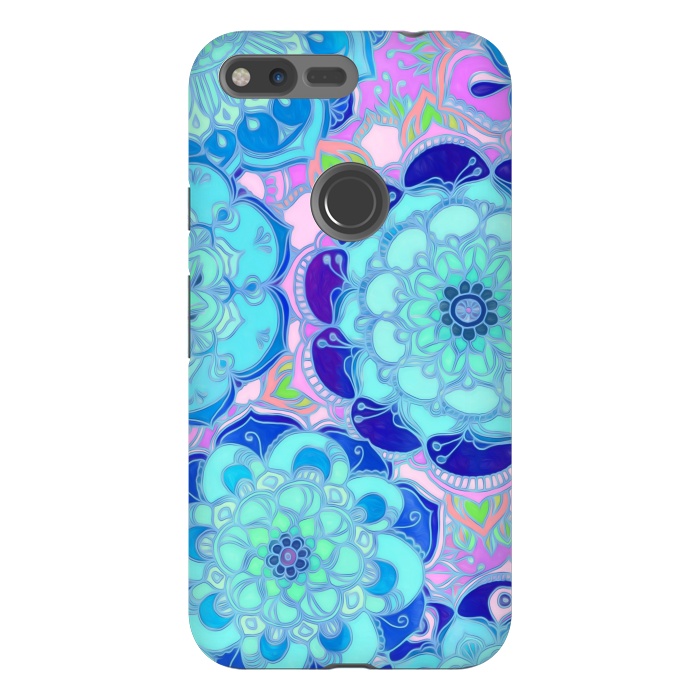 Pixel XL StrongFit Radiant Cyan & Purple Stained Glass Floral Mandalas by Micklyn Le Feuvre