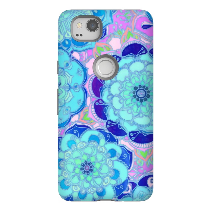 Pixel 2 StrongFit Radiant Cyan & Purple Stained Glass Floral Mandalas by Micklyn Le Feuvre