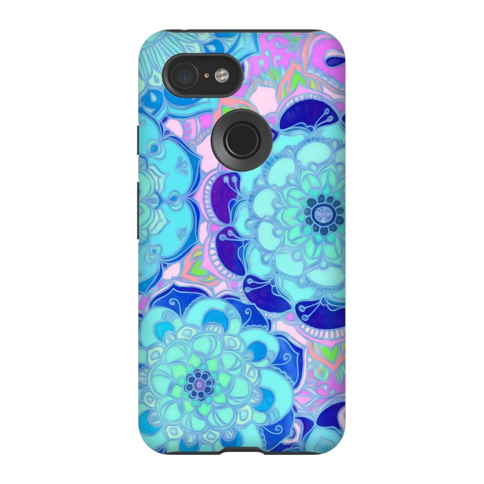 Pixel 3 StrongFit Radiant Cyan & Purple Stained Glass Floral Mandalas by Micklyn Le Feuvre