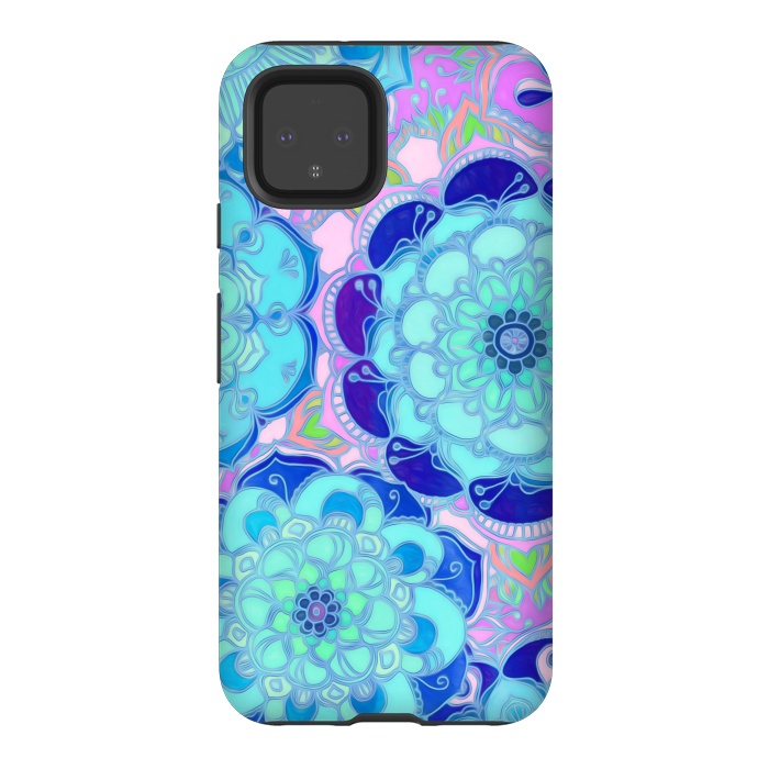 Pixel 4 StrongFit Radiant Cyan & Purple Stained Glass Floral Mandalas by Micklyn Le Feuvre