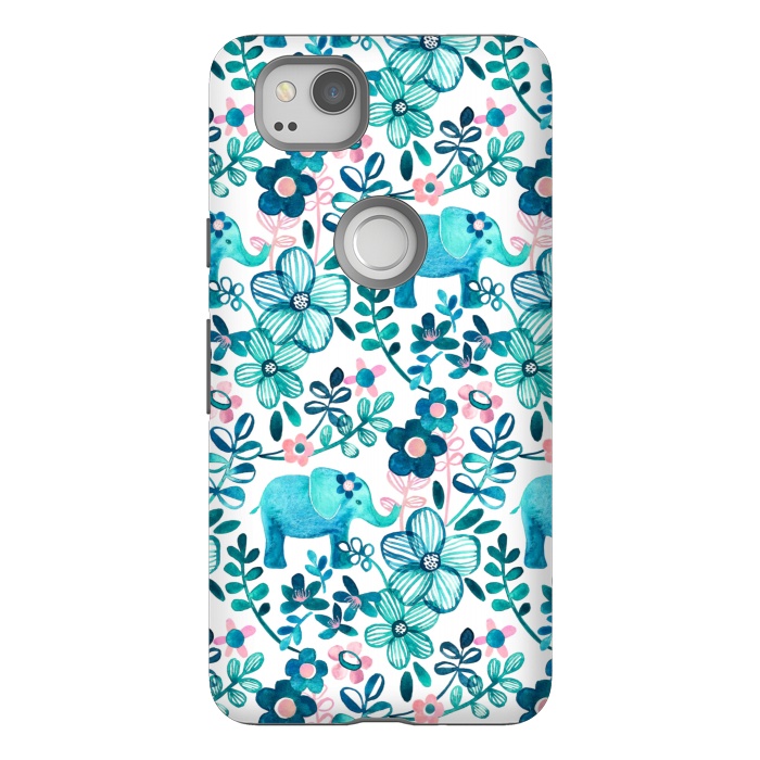 Pixel 2 StrongFit Little Teal Elephant Watercolor Floral on White by Micklyn Le Feuvre