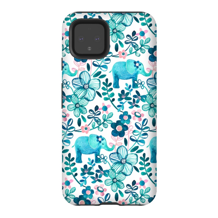 Pixel 4 StrongFit Little Teal Elephant Watercolor Floral on White by Micklyn Le Feuvre