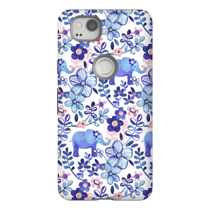 Pixel 2 StrongFit Little Purple Elephant Watercolor Floral on White by Micklyn Le Feuvre