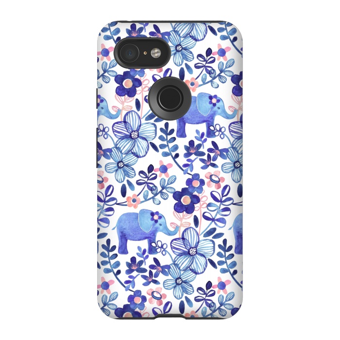 Pixel 3 StrongFit Little Purple Elephant Watercolor Floral on White by Micklyn Le Feuvre