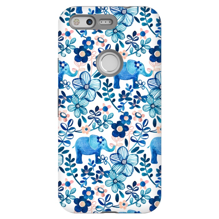 Pixel StrongFit Little Blue Elephant Watercolor Floral on White by Micklyn Le Feuvre