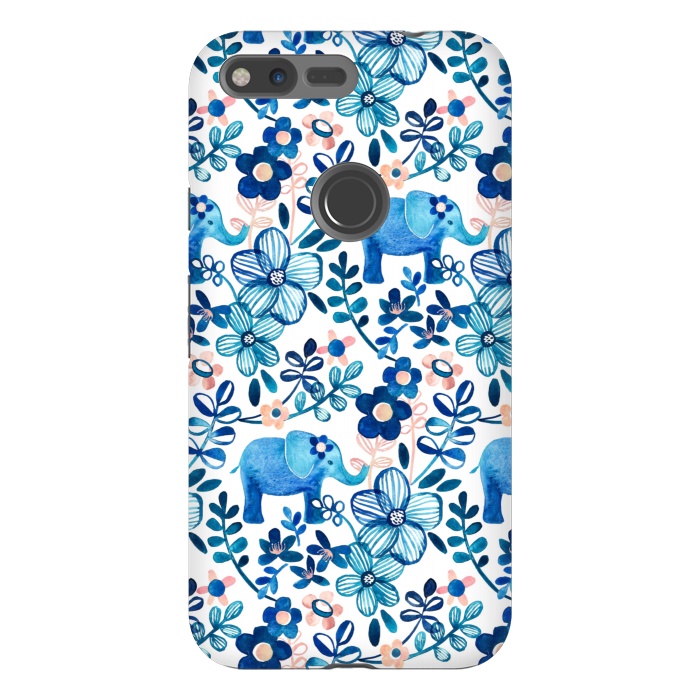 Pixel XL StrongFit Little Blue Elephant Watercolor Floral on White by Micklyn Le Feuvre