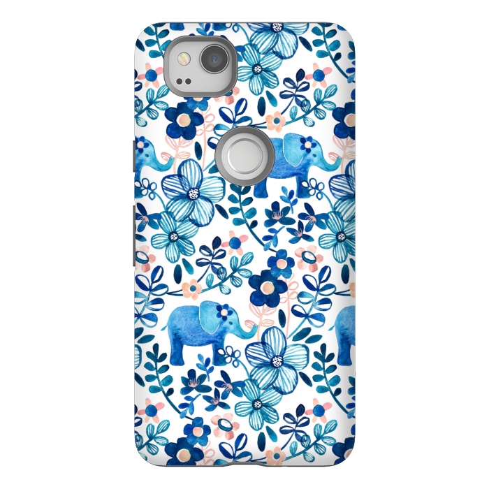 Pixel 2 StrongFit Little Blue Elephant Watercolor Floral on White by Micklyn Le Feuvre