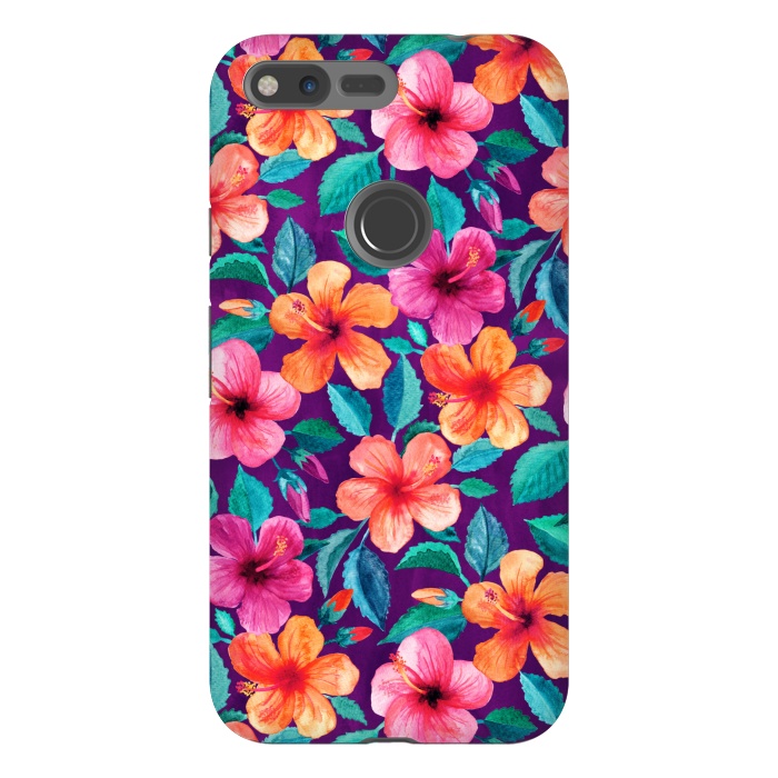 Pixel XL StrongFit Little Bright Hibiscus Blooms in Watercolor on Purple by Micklyn Le Feuvre
