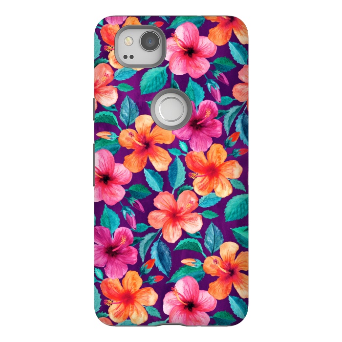 Pixel 2 StrongFit Little Bright Hibiscus Blooms in Watercolor on Purple by Micklyn Le Feuvre