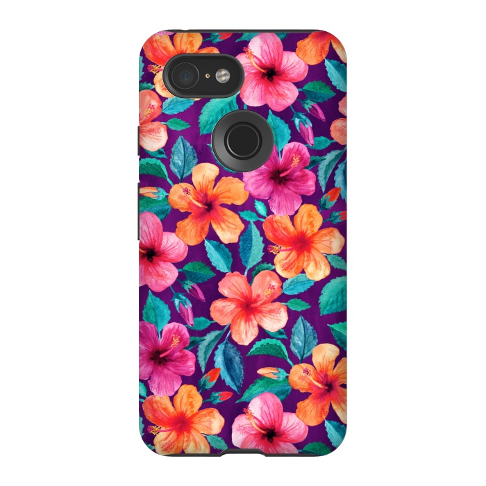 Pixel 3 StrongFit Little Bright Hibiscus Blooms in Watercolor on Purple by Micklyn Le Feuvre
