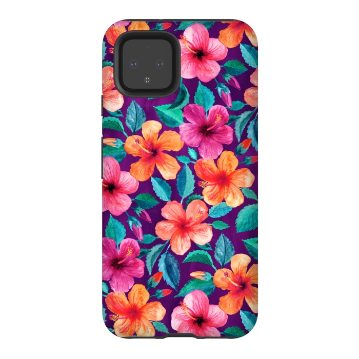 Pixel 4 StrongFit Little Bright Hibiscus Blooms in Watercolor on Purple by Micklyn Le Feuvre