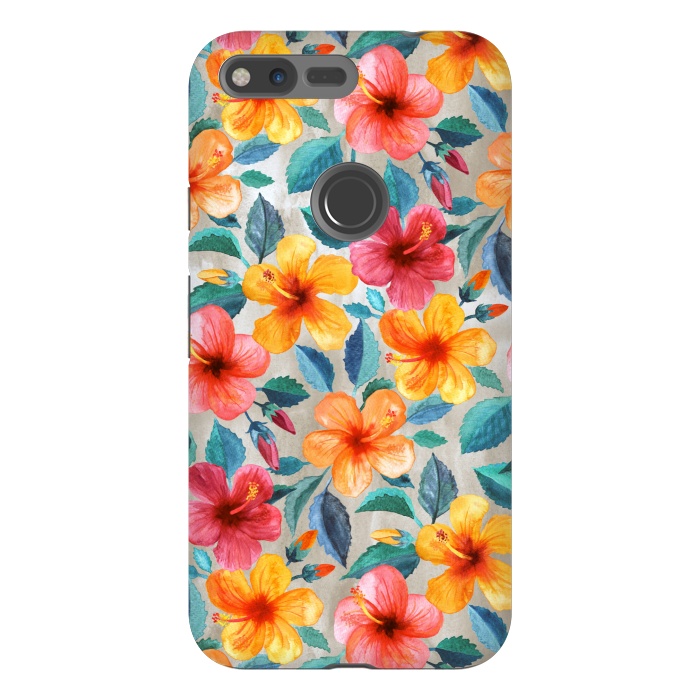 Pixel XL StrongFit Little Tropical Hawaiian Hibiscus Blooms in Watercolor by Micklyn Le Feuvre