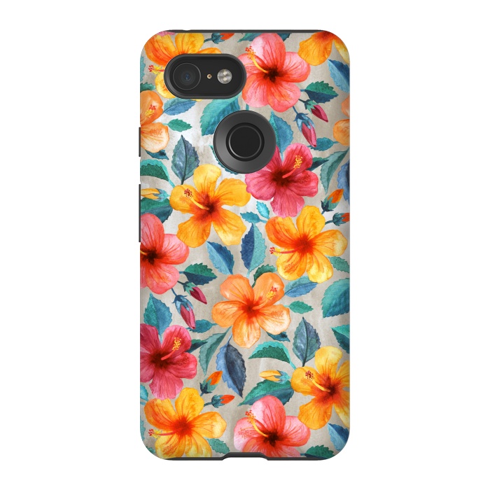Pixel 3 StrongFit Little Tropical Hawaiian Hibiscus Blooms in Watercolor by Micklyn Le Feuvre