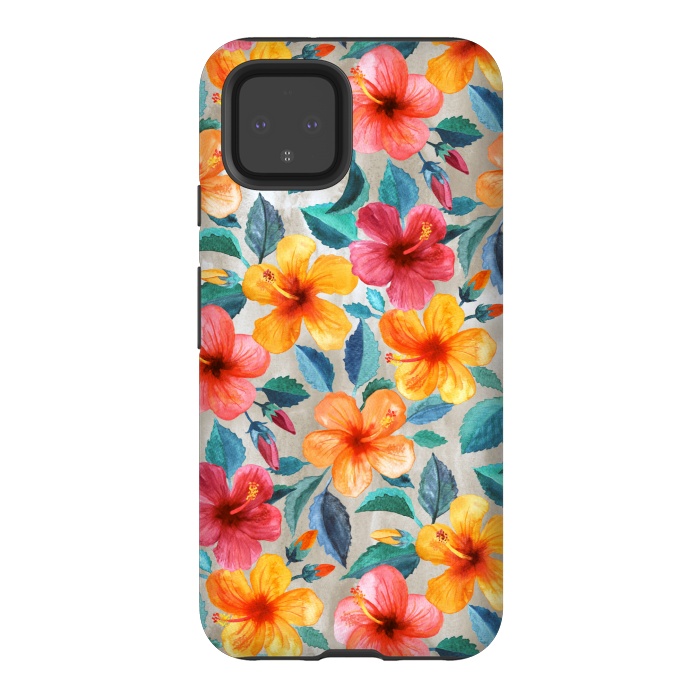 Pixel 4 StrongFit Little Tropical Hawaiian Hibiscus Blooms in Watercolor by Micklyn Le Feuvre