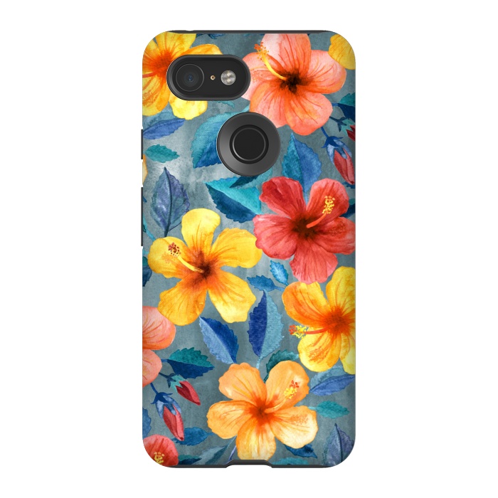 Pixel 3 StrongFit Bright Summer Hibiscus Blooms in Watercolor by Micklyn Le Feuvre