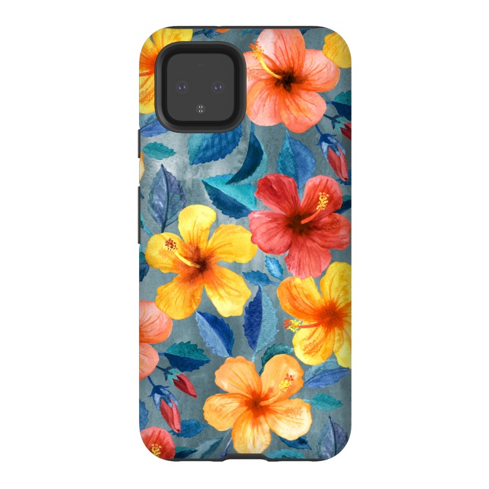 Pixel 4 StrongFit Bright Summer Hibiscus Blooms in Watercolor by Micklyn Le Feuvre
