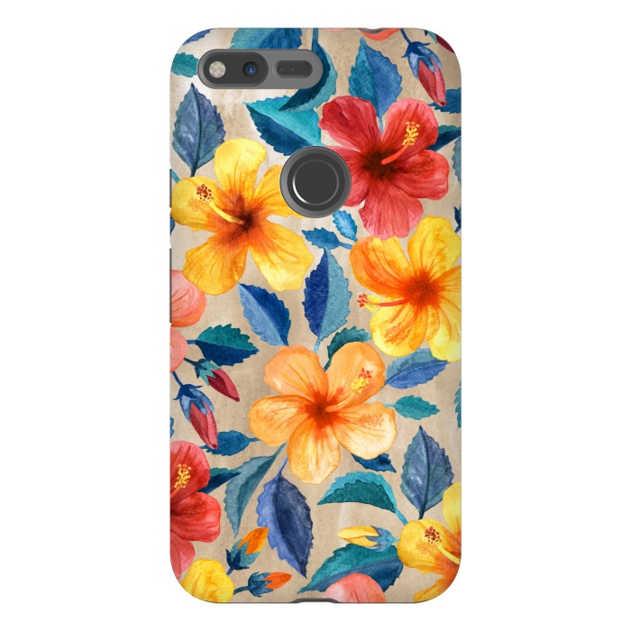 Pixel XL StrongFit Tropical Hibiscus Blooms in Watercolor by Micklyn Le Feuvre