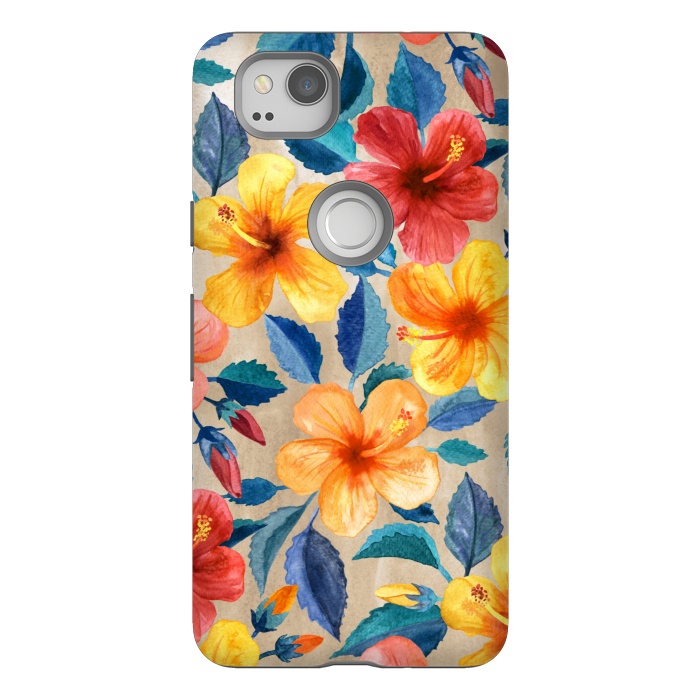 Pixel 2 StrongFit Tropical Hibiscus Blooms in Watercolor by Micklyn Le Feuvre