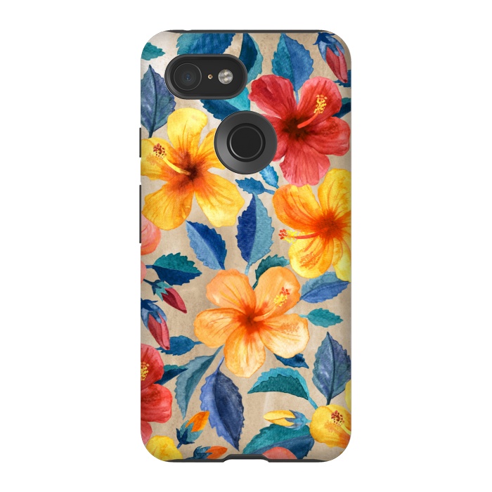 Pixel 3 StrongFit Tropical Hibiscus Blooms in Watercolor by Micklyn Le Feuvre