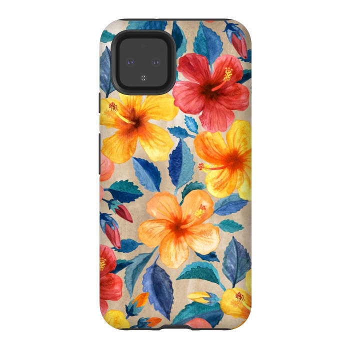 Pixel 4 StrongFit Tropical Hibiscus Blooms in Watercolor by Micklyn Le Feuvre
