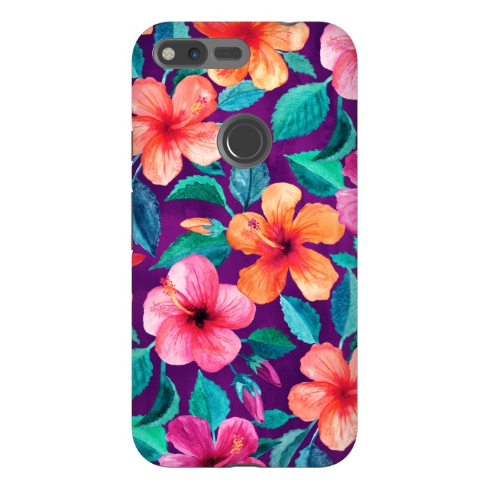 Pixel XL StrongFit Bright Hibiscus Blooms in Watercolor on Purple by Micklyn Le Feuvre