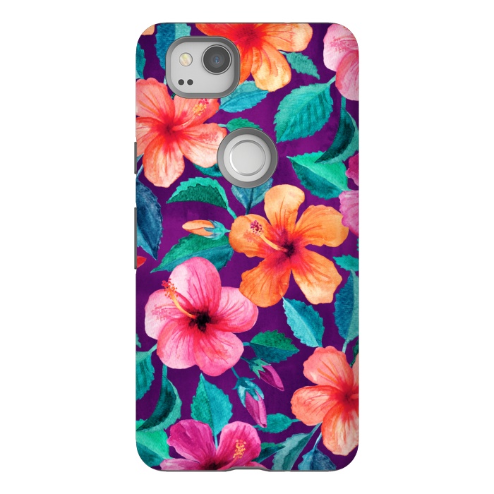 Pixel 2 StrongFit Bright Hibiscus Blooms in Watercolor on Purple by Micklyn Le Feuvre