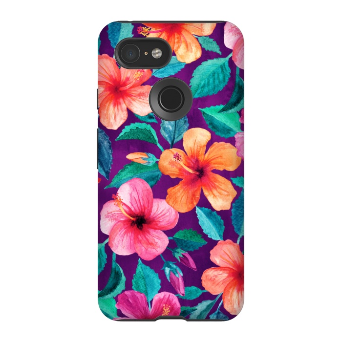 Pixel 3 StrongFit Bright Hibiscus Blooms in Watercolor on Purple by Micklyn Le Feuvre