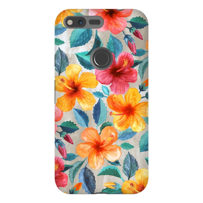 Pixel XL StrongFit Tropical Hawaiian Hibiscus Blooms in Watercolor by Micklyn Le Feuvre