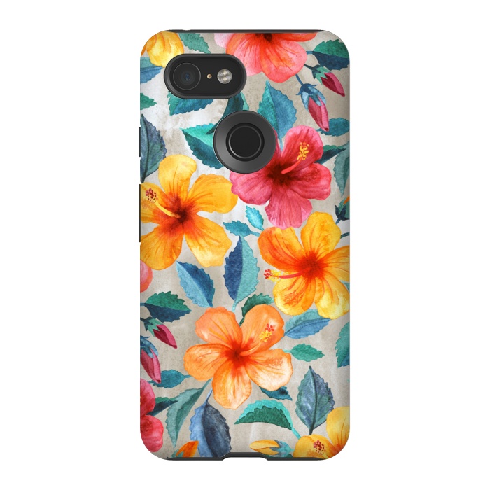 Pixel 3 StrongFit Tropical Hawaiian Hibiscus Blooms in Watercolor by Micklyn Le Feuvre