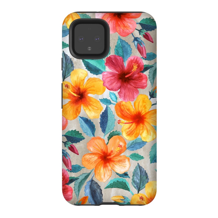 Pixel 4 StrongFit Tropical Hawaiian Hibiscus Blooms in Watercolor by Micklyn Le Feuvre