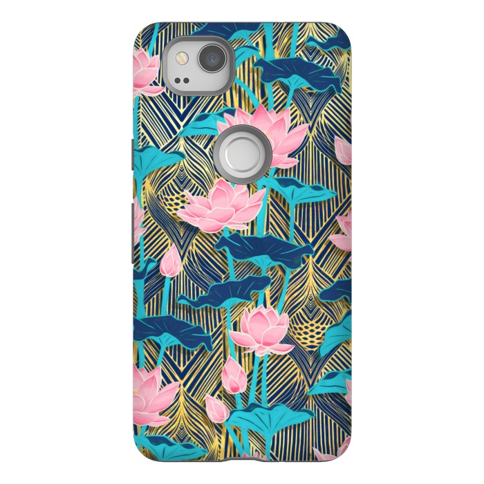 Pixel 2 StrongFit Art Deco Lotus Flowers in Pink & Navy by Micklyn Le Feuvre
