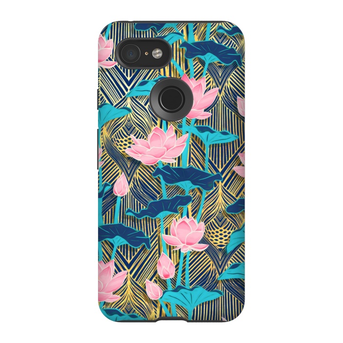 Pixel 3 StrongFit Art Deco Lotus Flowers in Pink & Navy by Micklyn Le Feuvre