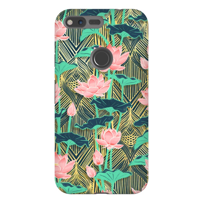 Pixel XL StrongFit Art Deco Lotus Flowers in Peach & Emerald by Micklyn Le Feuvre