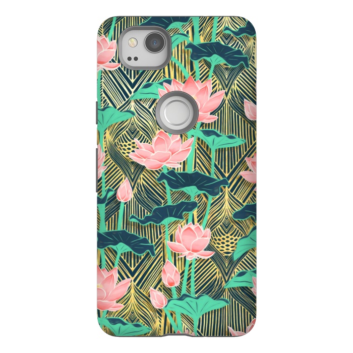 Pixel 2 StrongFit Art Deco Lotus Flowers in Peach & Emerald by Micklyn Le Feuvre