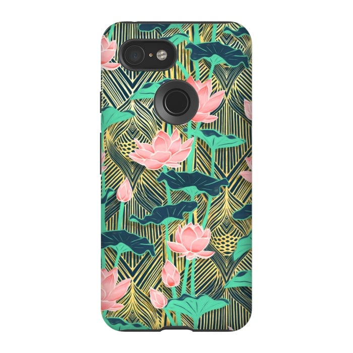 Pixel 3 StrongFit Art Deco Lotus Flowers in Peach & Emerald by Micklyn Le Feuvre