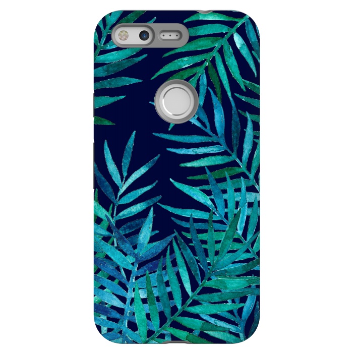 Pixel StrongFit Watercolor Palm Leaves on Navy Blue by Micklyn Le Feuvre