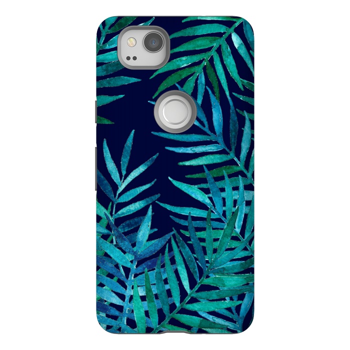 Pixel 2 StrongFit Watercolor Palm Leaves on Navy Blue by Micklyn Le Feuvre