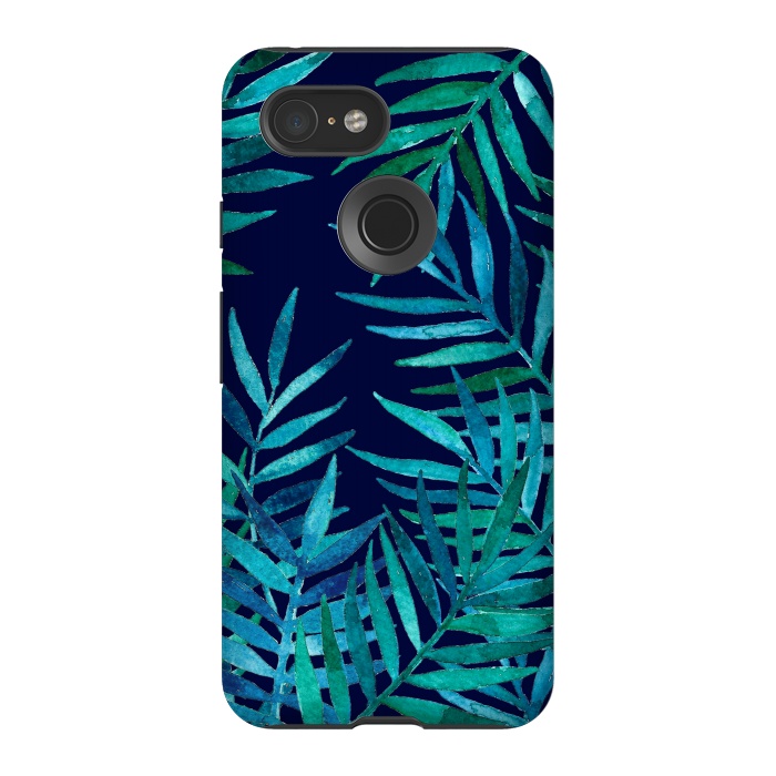 Pixel 3 StrongFit Watercolor Palm Leaves on Navy Blue by Micklyn Le Feuvre