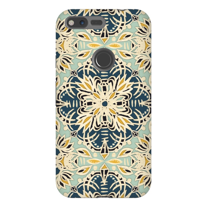 Pixel XL StrongFit Protea Pattern in Deep Teal, Cream, Sage Green & Yellow Ocher by Micklyn Le Feuvre