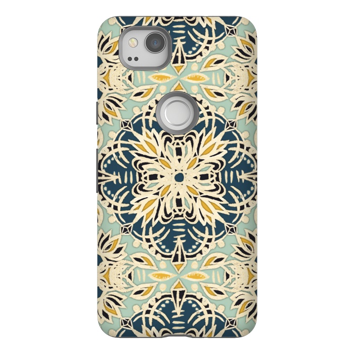 Pixel 2 StrongFit Protea Pattern in Deep Teal, Cream, Sage Green & Yellow Ocher by Micklyn Le Feuvre