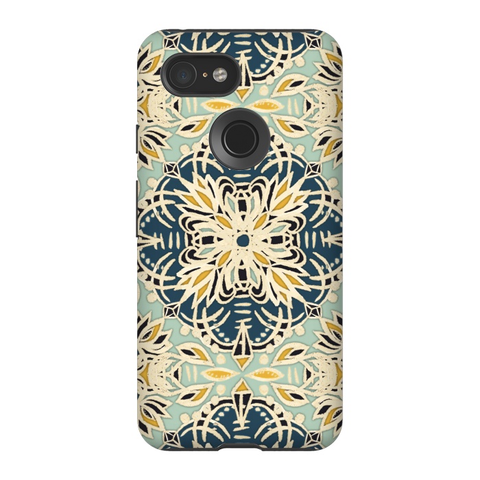 Pixel 3 StrongFit Protea Pattern in Deep Teal, Cream, Sage Green & Yellow Ocher by Micklyn Le Feuvre