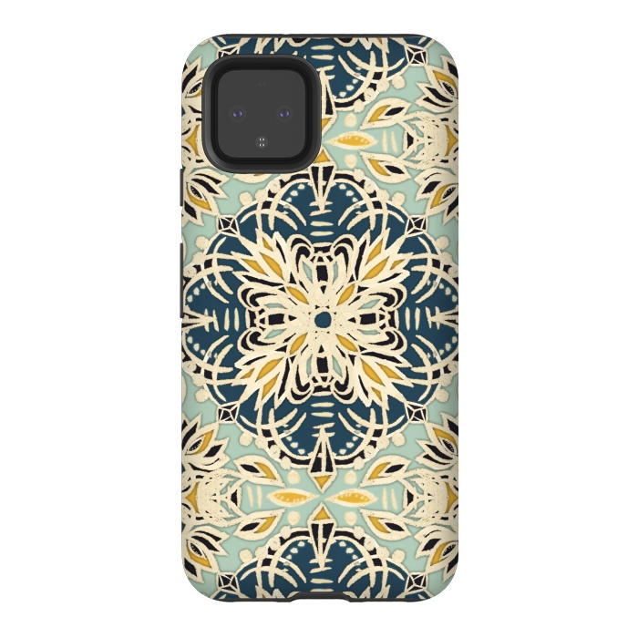 Pixel 4 StrongFit Protea Pattern in Deep Teal, Cream, Sage Green & Yellow Ocher by Micklyn Le Feuvre